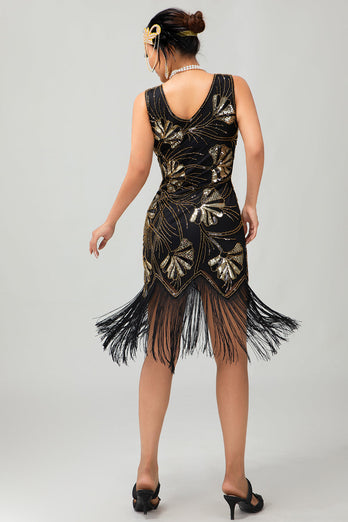 Sparkly Black Golden Sequins Short Fringed Flapper Dress with 20s Accessories Set
