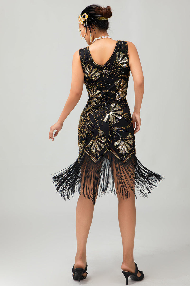 Load image into Gallery viewer, Sparkly Black Golden Sequins Short Fringed Flapper Dress with 20s Accessories Set