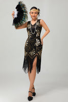 Load image into Gallery viewer, Sparkly Black Golden Sequins Short Fringed Flapper Dress with 20s Accessories Set