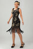 Load image into Gallery viewer, Sparkly Black Golden Sequins Short Fringed Flapper Dress with 20s Accessories Set