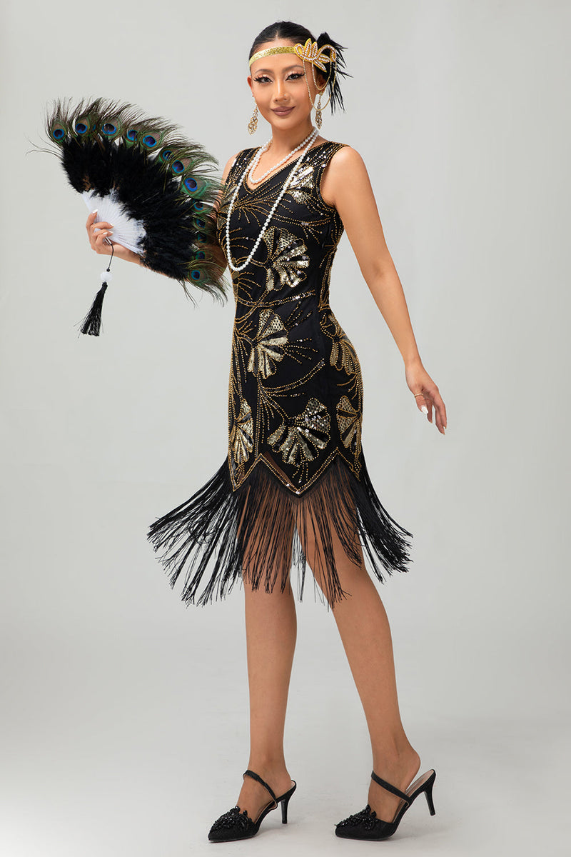 Load image into Gallery viewer, Sparkly Black Golden Sequins Short Fringed Flapper Dress with 20s Accessories Set