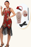 Load image into Gallery viewer, Sparkly Red Golden Fringed Sequins Flapper Dress with with 20s Accessories Set