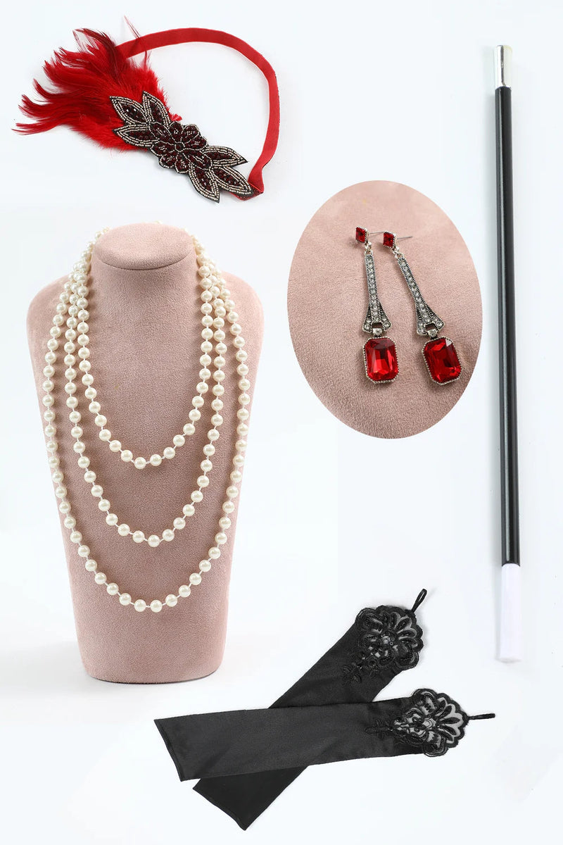 Load image into Gallery viewer, Sparkly Red Golden Fringed Sequins Flapper Dress with with 20s Accessories Set