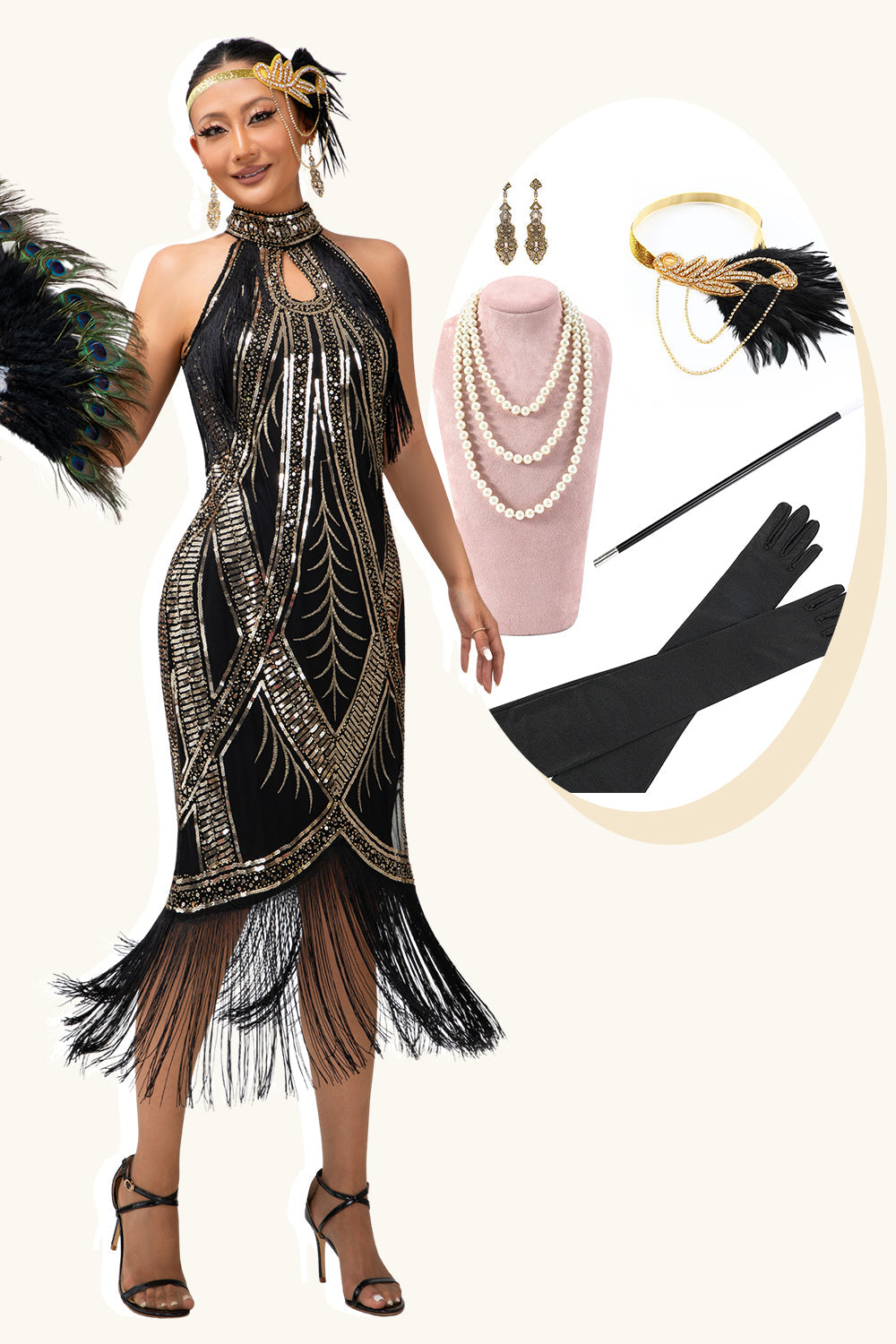 Sparkly Black Golden Bodycon Halter Sequins Flapper Dress with 20s Accessories Set