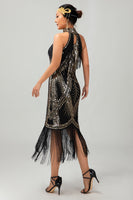 Load image into Gallery viewer, Sparkly Black Golden Bodycon Halter Sequins Flapper Dress with 20s Accessories Set