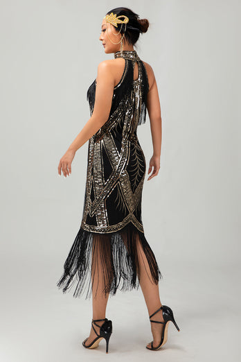 Sparkly Black Golden Bodycon Halter Sequins Flapper Dress with 20s Accessories Set