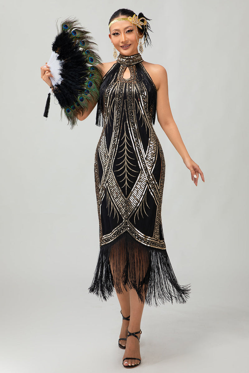 Load image into Gallery viewer, Sparkly Black Golden Bodycon Halter Sequins Flapper Dress with 20s Accessories Set