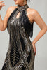Load image into Gallery viewer, Sparkly Black Golden Bodycon Halter Sequins Flapper Dress with 20s Accessories Set