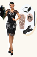 Load image into Gallery viewer, Sparkly Black Silver Bodycon Beaded Flapper Dress with 20s Accessories Set