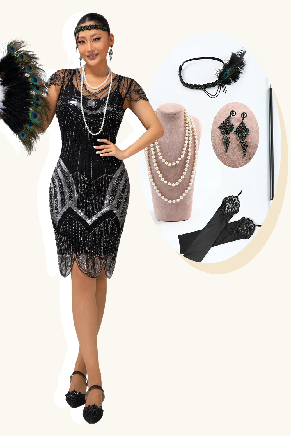 Sparkly Black Silver Bodycon Beaded Flapper Dress with 20s Accessories Set