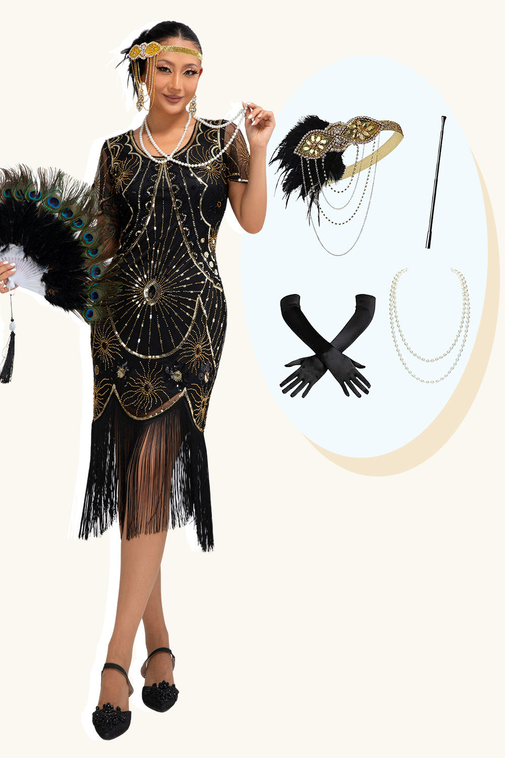 Sparkly Black Golden Round Neck Fringed Flapper Dress with 20s Accessories Set
