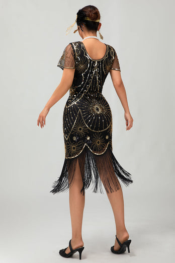 Sparkly Black Golden Round Neck Fringed Flapper Dress with 20s Accessories Set