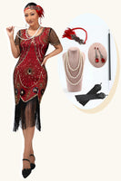 Load image into Gallery viewer, Sparkly Black Red Short Sleeves Fringed Flapper Dress with 20s Accessories Set