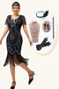 Load image into Gallery viewer, Sparkly Black Silver Short Sleeves Sequins Flapper Dress with 20s Accessories Set