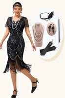Load image into Gallery viewer, Sparkly Black Silver Short Sleeves Sequins Flapper Dress with 20s Accessories Set