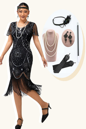 Sparkly Black Silver Short Sleeves Sequins Flapper Dress with 20s Accessories Set