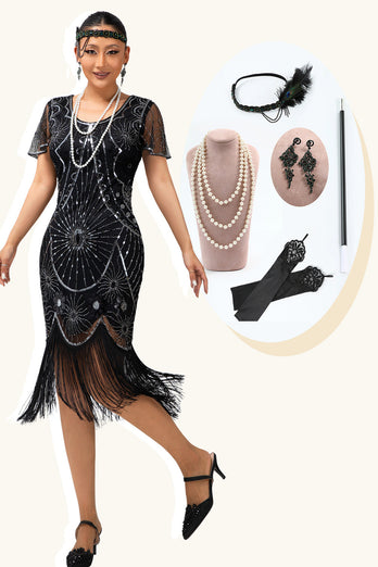 Sparkly Black Silver Short Sleeves Sequins Flapper Dress with 20s Accessories Set