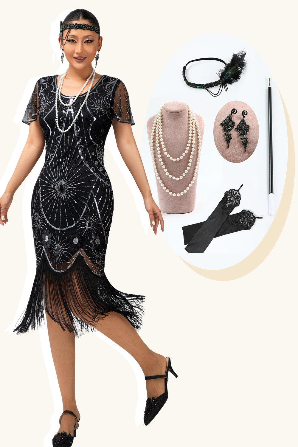 Sparkly Black Silver Short Sleeves Sequins Flapper Dress with 20s Accessories Set