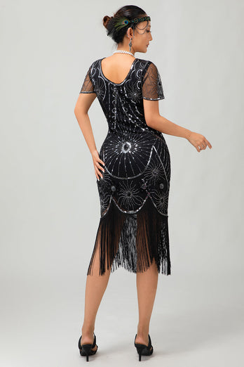 Sparkly Black Silver Short Sleeves Sequins Flapper Dress with 20s Accessories Set