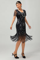 Load image into Gallery viewer, Sparkly Black Silver Short Sleeves Sequins Flapper Dress with 20s Accessories Set