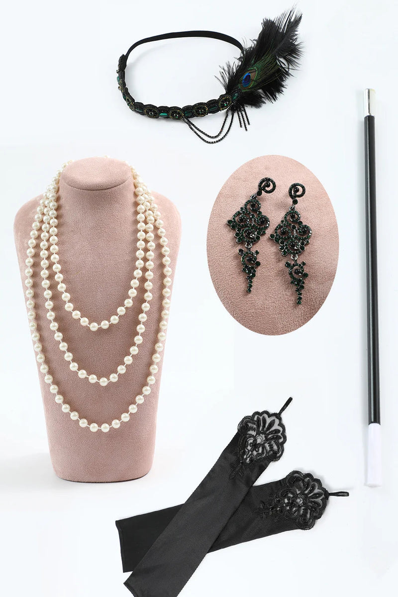 Load image into Gallery viewer, Sparkly Black Silver Short Sleeves Sequins Flapper Dress with 20s Accessories Set