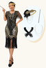 Load image into Gallery viewer, Sparkly Black Golden Fringed V-Neck Sequins Flapper Dress with 20s Accessories Set