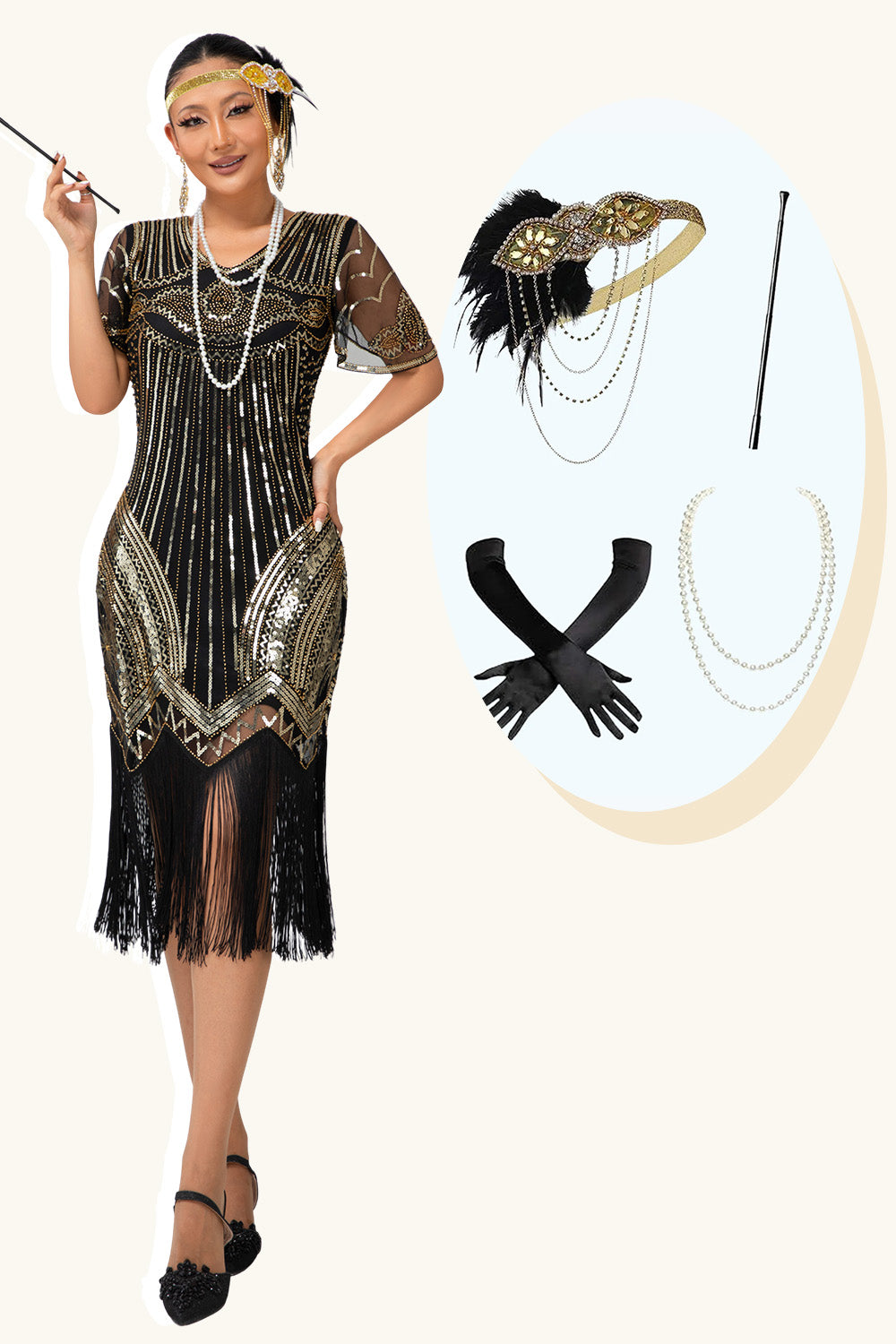Sparkly Black Golden Fringed V-Neck Sequins Flapper Dress with 20s Accessories Set
