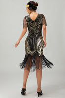 Load image into Gallery viewer, Sparkly Black Golden Fringed V-Neck Sequins Flapper Dress with 20s Accessories Set