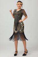 Load image into Gallery viewer, Sparkly Black Golden Fringed V-Neck Sequins Flapper Dress with 20s Accessories Set