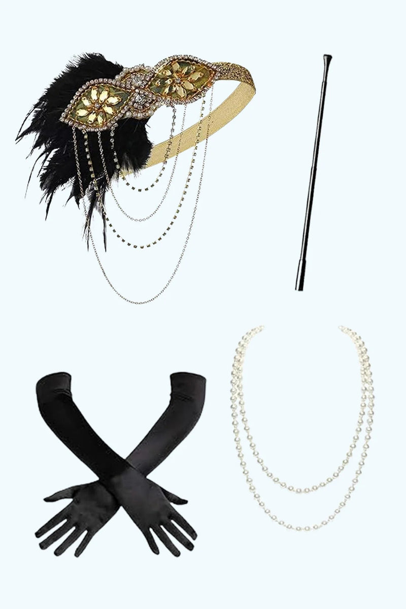 Load image into Gallery viewer, Sparkly Black Golden Fringed V-Neck Sequins Flapper Dress with 20s Accessories Set