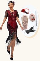 Load image into Gallery viewer, Sparkly Black Red Bodycon Fringed Short Flapper Dress with 20s Accessories Set