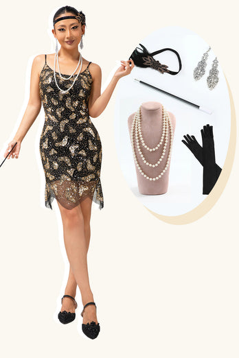 Sparkly Black Golden Short Spaghetti Straps Flapper Dress with 20s Accessories Set