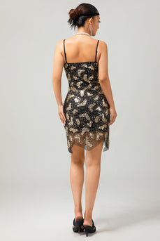 Sparkly Black Golden Short Spaghetti Straps Flapper Dress with 20s Accessories Set