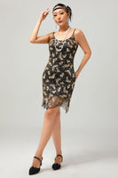 Load image into Gallery viewer, Sparkly Black Golden Short Spaghetti Straps Flapper Dress with 20s Accessories Set