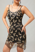Load image into Gallery viewer, Sparkly Black Golden Short Spaghetti Straps Flapper Dress with 20s Accessories Set