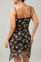 Load image into Gallery viewer, Sparkly Black Golden Short Spaghetti Straps Flapper Dress with 20s Accessories Set