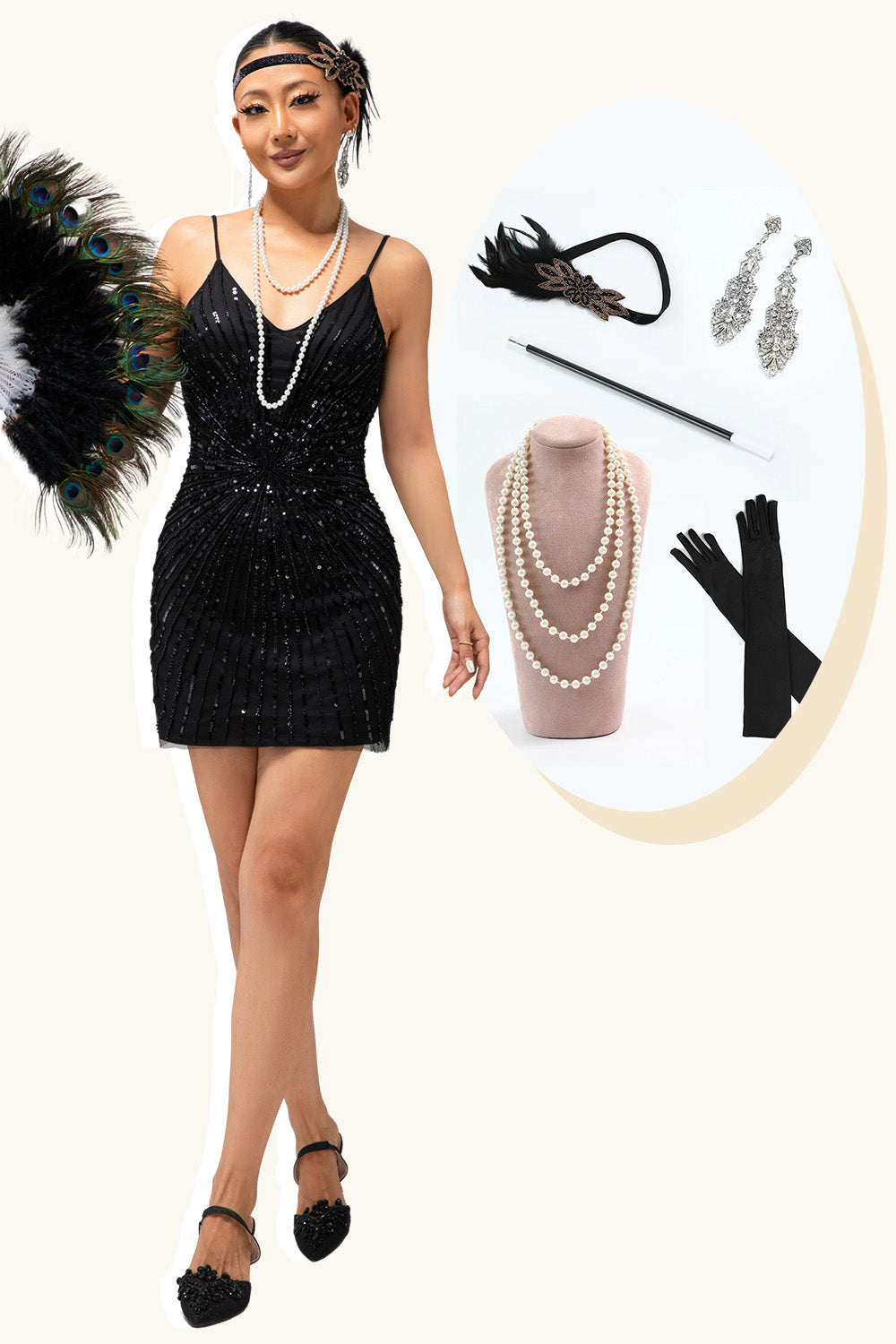 Sparkly Black Tight Short Sequins Flapper Dress with 20s Accessories Set