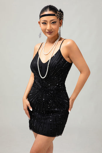 Sparkly Black Tight Short Sequins Flapper Dress with 20s Accessories Set