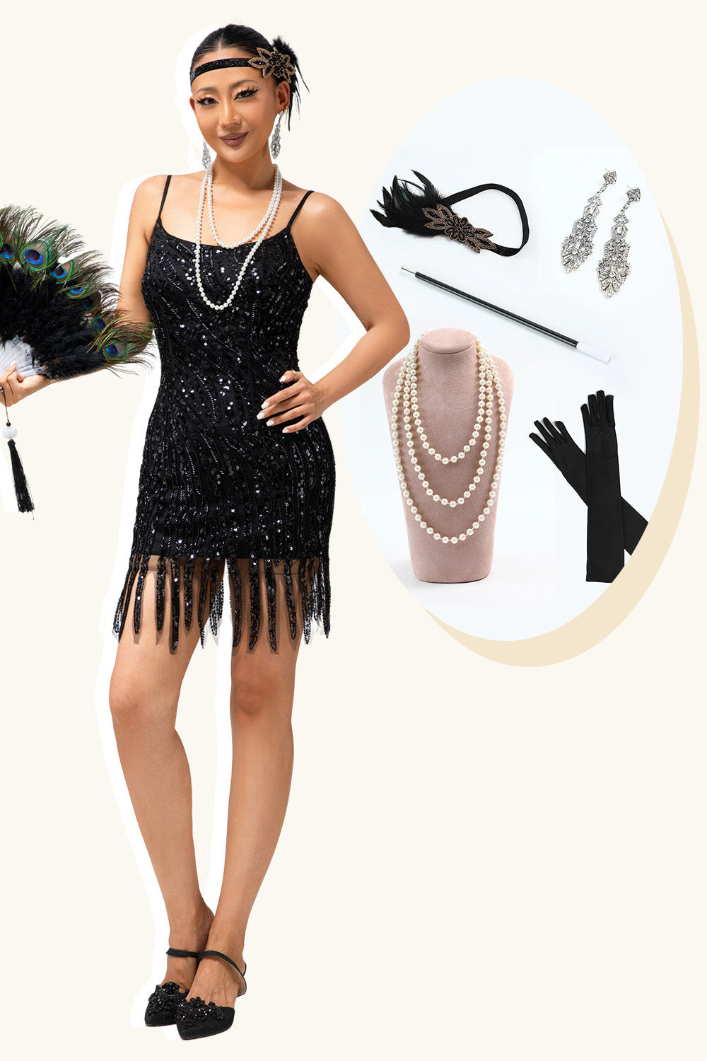 Sparkly Black Sequins Fringed Tight Short Flapper Dress with 20s Accessories Set