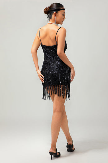 Sparkly Black Sequins Fringed Tight Short Flapper Dress with 20s Accessories Set