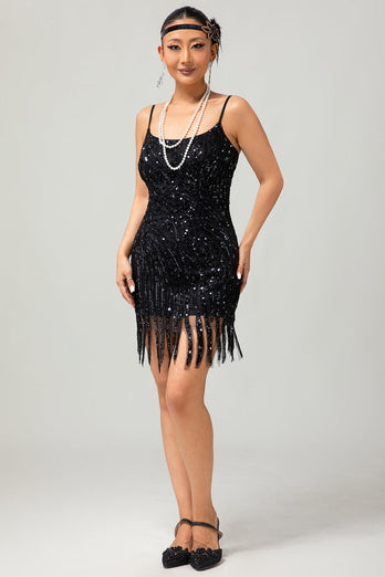 Sparkly Black Sequins Fringed Tight Short Flapper Dress with 20s Accessories Set