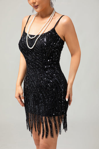 Sparkly Black Sequins Fringed Tight Short Flapper Dress with 20s Accessories Set