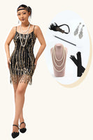 Load image into Gallery viewer, Sparkly Black Golden Sequins Spaghetti Straps Tight Flapper Dress with 20s Accessories Set