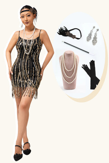 Sparkly Black Golden Sequins Spaghetti Straps Tight Flapper Dress with 20s Accessories Set