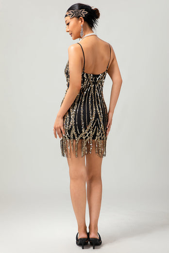 Sparkly Black Golden Sequins Spaghetti Straps Tight Flapper Dress with 20s Accessories Set