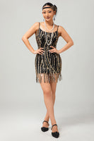 Load image into Gallery viewer, Sparkly Black Golden Sequins Spaghetti Straps Tight Flapper Dress with 20s Accessories Set