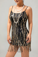 Load image into Gallery viewer, Sparkly Black Golden Sequins Spaghetti Straps Tight Flapper Dress with 20s Accessories Set