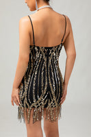 Load image into Gallery viewer, Sparkly Black Golden Sequins Spaghetti Straps Tight Flapper Dress with 20s Accessories Set