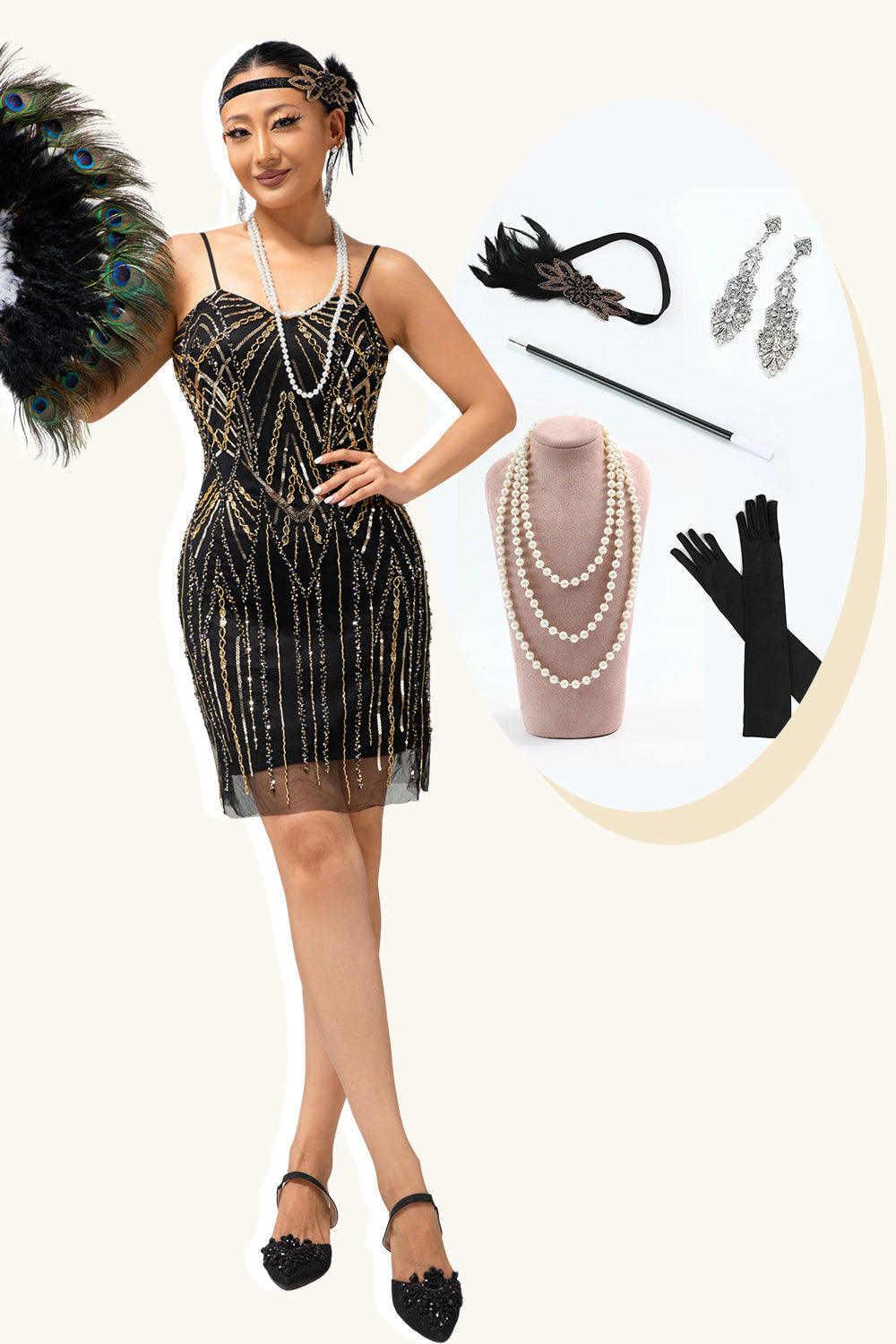 Sparkly Black Golden Spaghetti Straps Sequins Tight Flapper Dress with 20s Accessories Set