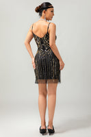 Load image into Gallery viewer, Sparkly Black Golden Spaghetti Straps Sequins Tight Flapper Dress with 20s Accessories Set